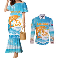 Personalized Anguilla Couples Matching Mermaid Dress and Long Sleeve Button Shirt Three Orange Gold Natural Dolphins