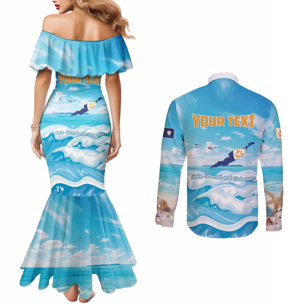 Personalized Anguilla Couples Matching Mermaid Dress and Long Sleeve Button Shirt Three Orange Gold Natural Dolphins
