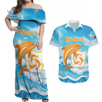 Personalized Anguilla Couples Matching Off Shoulder Maxi Dress and Hawaiian Shirt Three Orange Gold Natural Dolphins