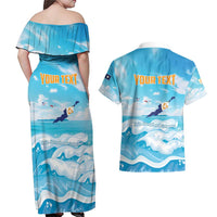 Personalized Anguilla Couples Matching Off Shoulder Maxi Dress and Hawaiian Shirt Three Orange Gold Natural Dolphins