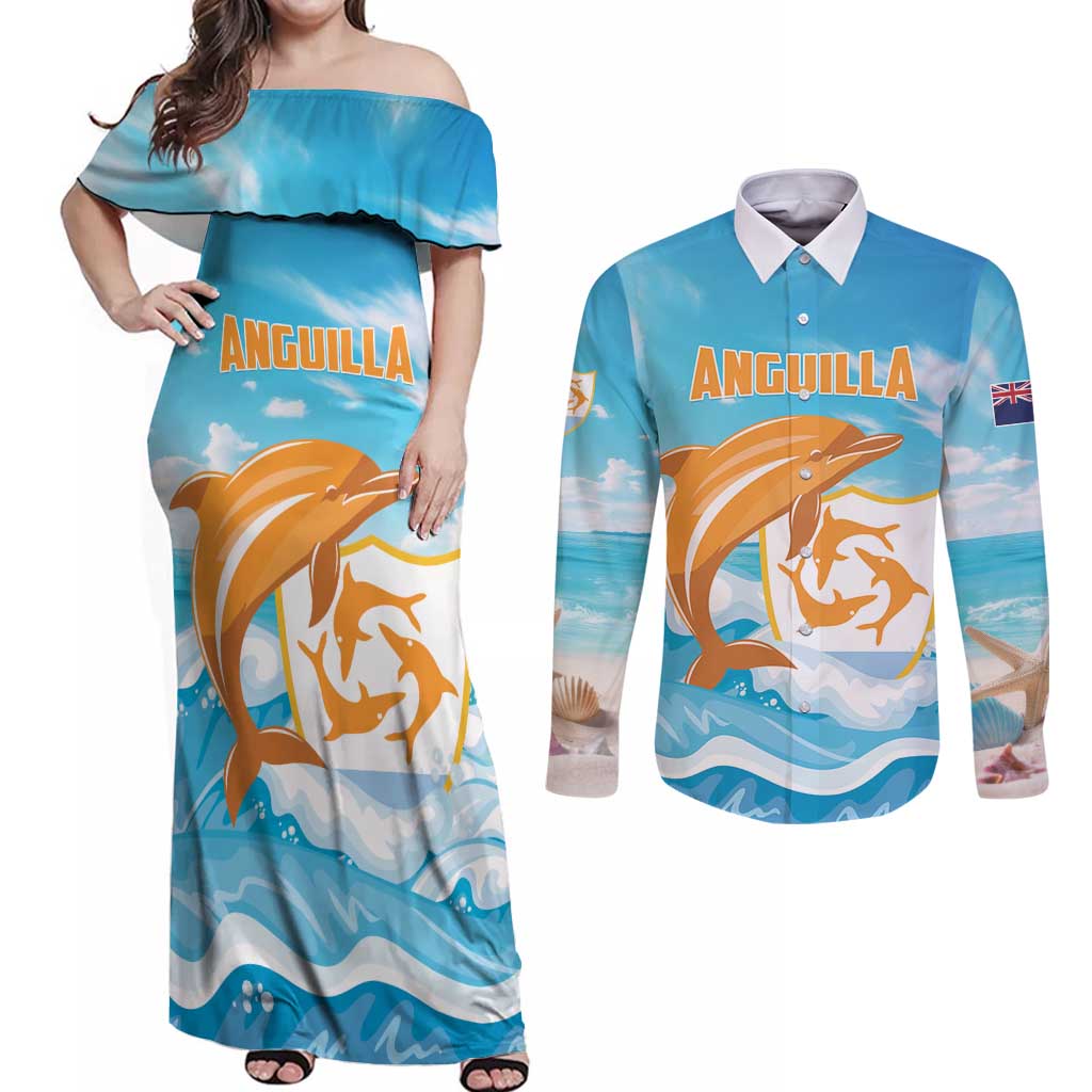Personalized Anguilla Couples Matching Off Shoulder Maxi Dress and Long Sleeve Button Shirt Three Orange Gold Natural Dolphins
