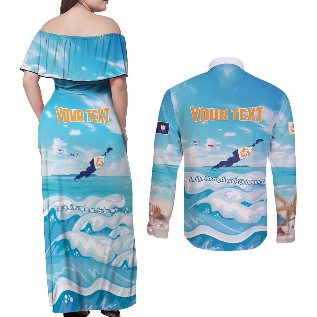 Personalized Anguilla Couples Matching Off Shoulder Maxi Dress and Long Sleeve Button Shirt Three Orange Gold Natural Dolphins