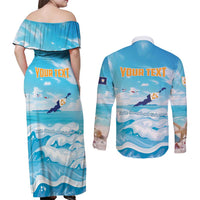 Personalized Anguilla Couples Matching Off Shoulder Maxi Dress and Long Sleeve Button Shirt Three Orange Gold Natural Dolphins