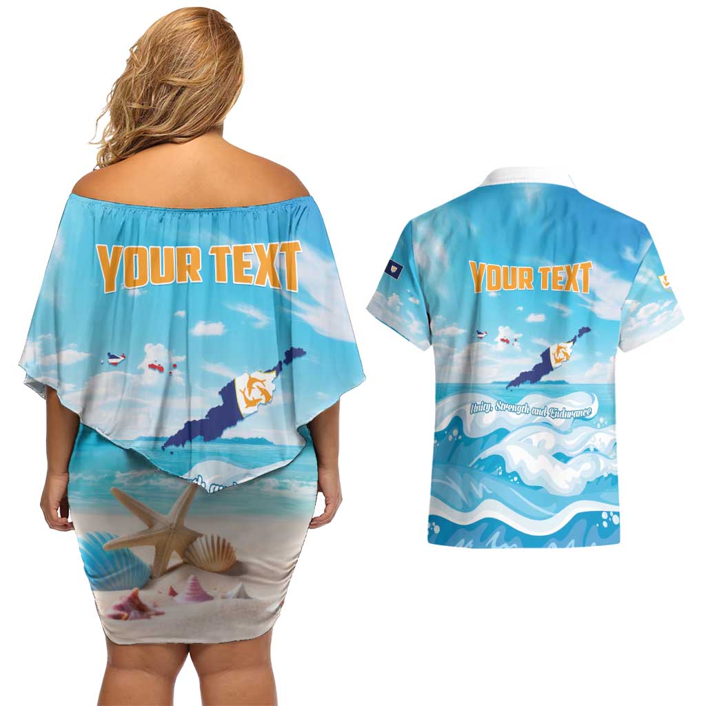 Personalized Anguilla Couples Matching Off Shoulder Short Dress and Hawaiian Shirt Three Orange Gold Natural Dolphins