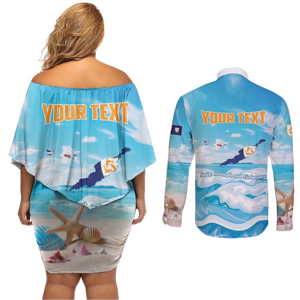 Personalized Anguilla Couples Matching Off Shoulder Short Dress and Long Sleeve Button Shirt Three Orange Gold Natural Dolphins