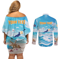 Personalized Anguilla Couples Matching Off Shoulder Short Dress and Long Sleeve Button Shirt Three Orange Gold Natural Dolphins