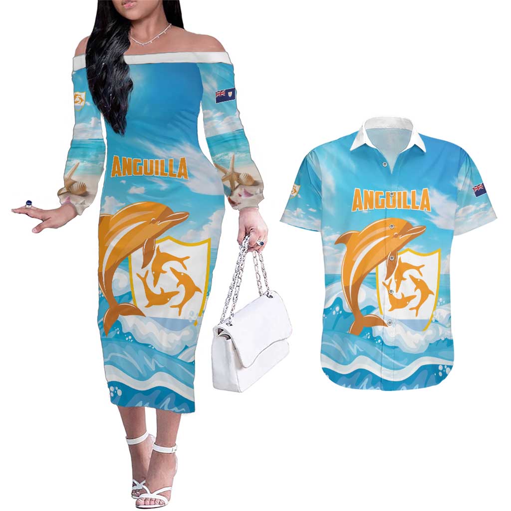 Personalized Anguilla Couples Matching Off The Shoulder Long Sleeve Dress and Hawaiian Shirt Three Orange Gold Natural Dolphins