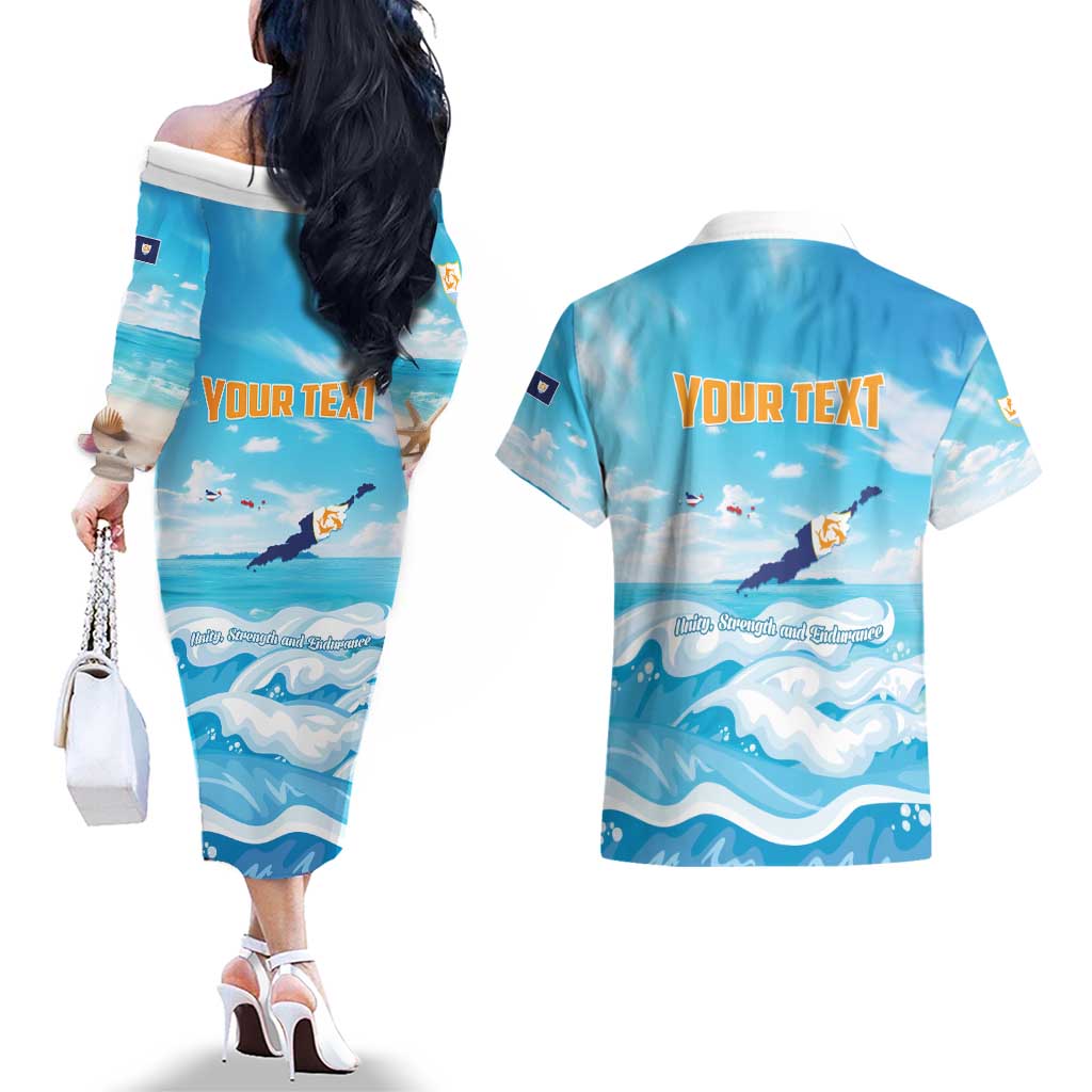 Personalized Anguilla Couples Matching Off The Shoulder Long Sleeve Dress and Hawaiian Shirt Three Orange Gold Natural Dolphins