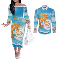 Personalized Anguilla Couples Matching Off The Shoulder Long Sleeve Dress and Long Sleeve Button Shirt Three Orange Gold Natural Dolphins