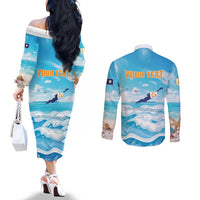 Personalized Anguilla Couples Matching Off The Shoulder Long Sleeve Dress and Long Sleeve Button Shirt Three Orange Gold Natural Dolphins