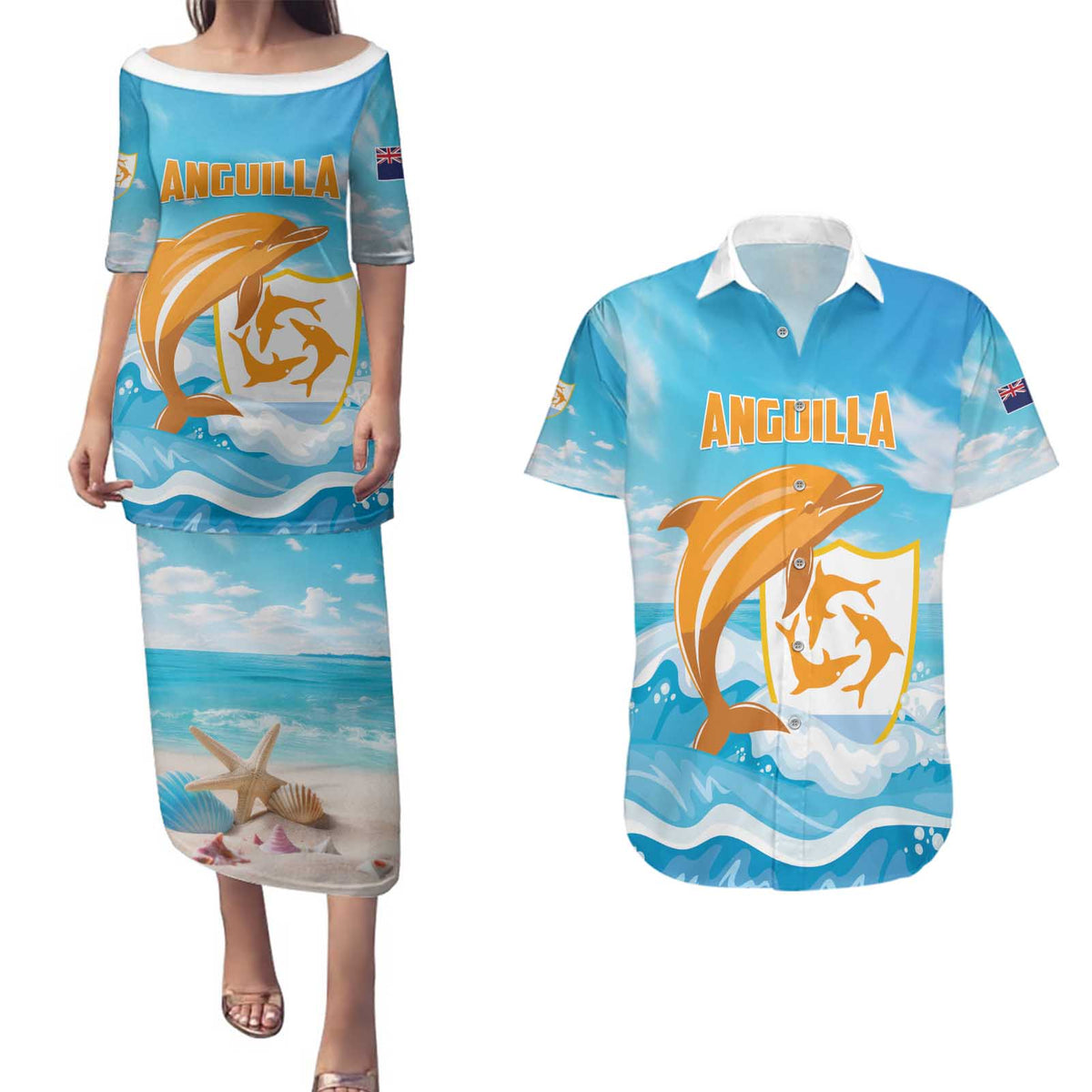 Personalized Anguilla Couples Matching Puletasi and Hawaiian Shirt Three Orange Gold Natural Dolphins