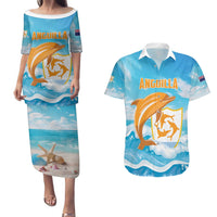 Personalized Anguilla Couples Matching Puletasi and Hawaiian Shirt Three Orange Gold Natural Dolphins