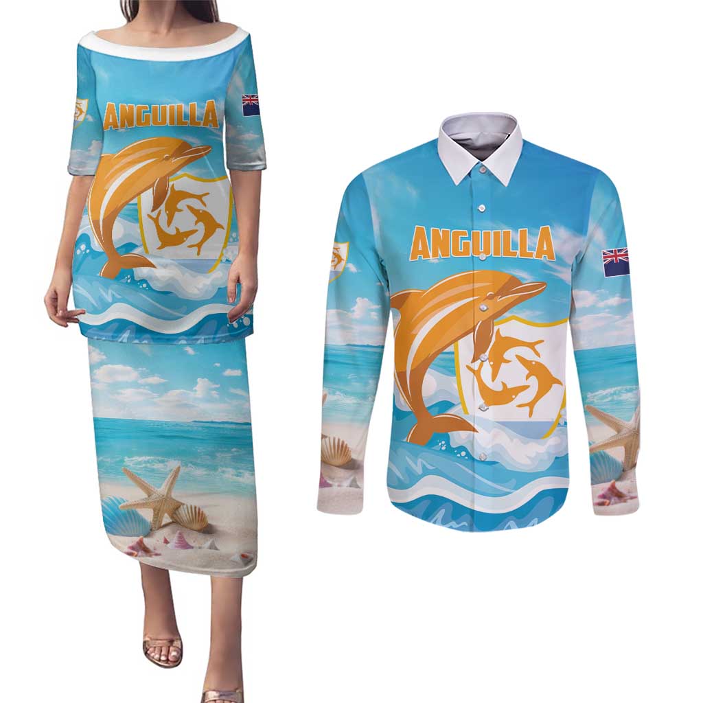 Personalized Anguilla Couples Matching Puletasi and Long Sleeve Button Shirt Three Orange Gold Natural Dolphins