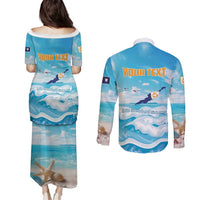 Personalized Anguilla Couples Matching Puletasi and Long Sleeve Button Shirt Three Orange Gold Natural Dolphins