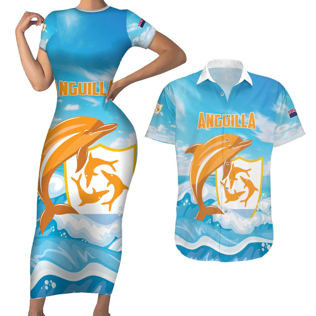 Personalized Anguilla Couples Matching Short Sleeve Bodycon Dress and Hawaiian Shirt Three Orange Gold Natural Dolphins