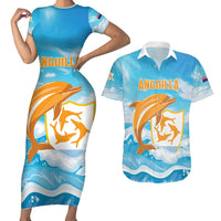 Personalized Anguilla Couples Matching Short Sleeve Bodycon Dress and Hawaiian Shirt Three Orange Gold Natural Dolphins