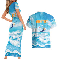 Personalized Anguilla Couples Matching Short Sleeve Bodycon Dress and Hawaiian Shirt Three Orange Gold Natural Dolphins