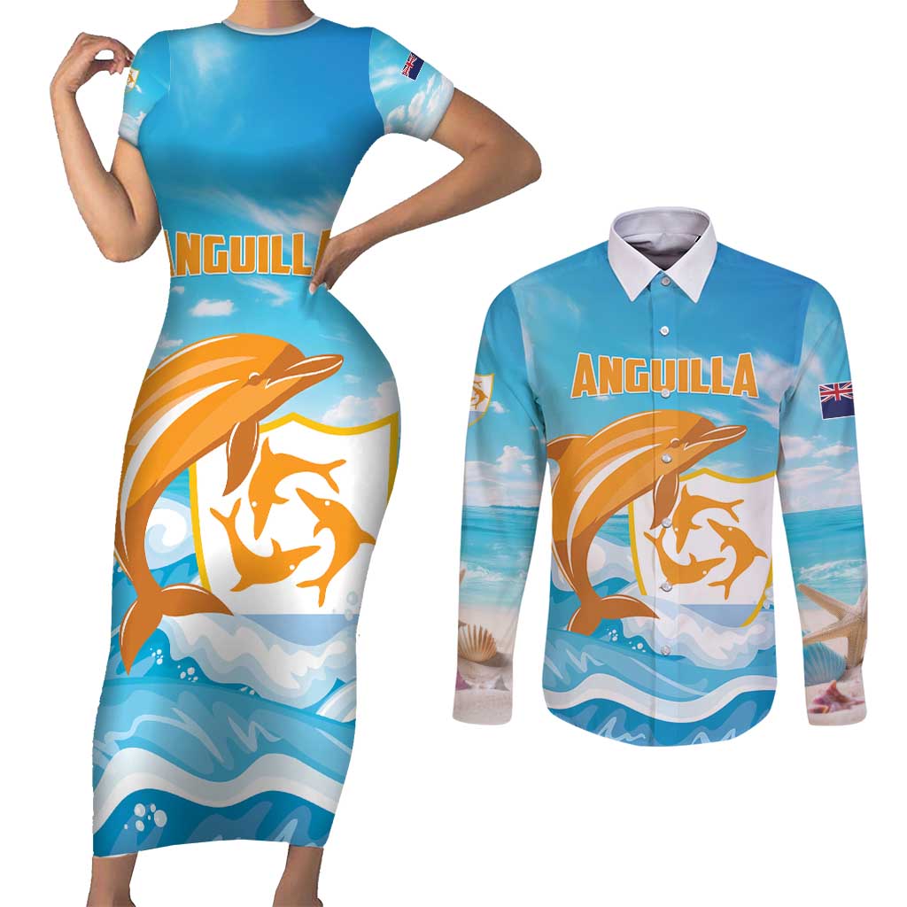 Personalized Anguilla Couples Matching Short Sleeve Bodycon Dress and Long Sleeve Button Shirt Three Orange Gold Natural Dolphins