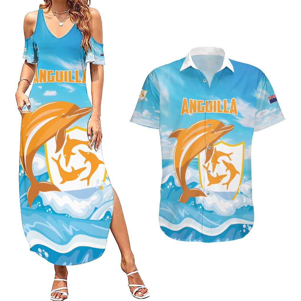 Personalized Anguilla Couples Matching Summer Maxi Dress and Hawaiian Shirt Three Orange Gold Natural Dolphins