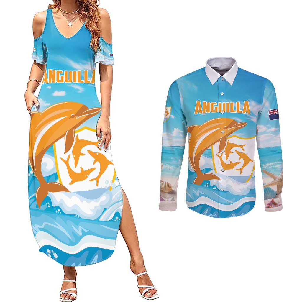 Personalized Anguilla Couples Matching Summer Maxi Dress and Long Sleeve Button Shirt Three Orange Gold Natural Dolphins