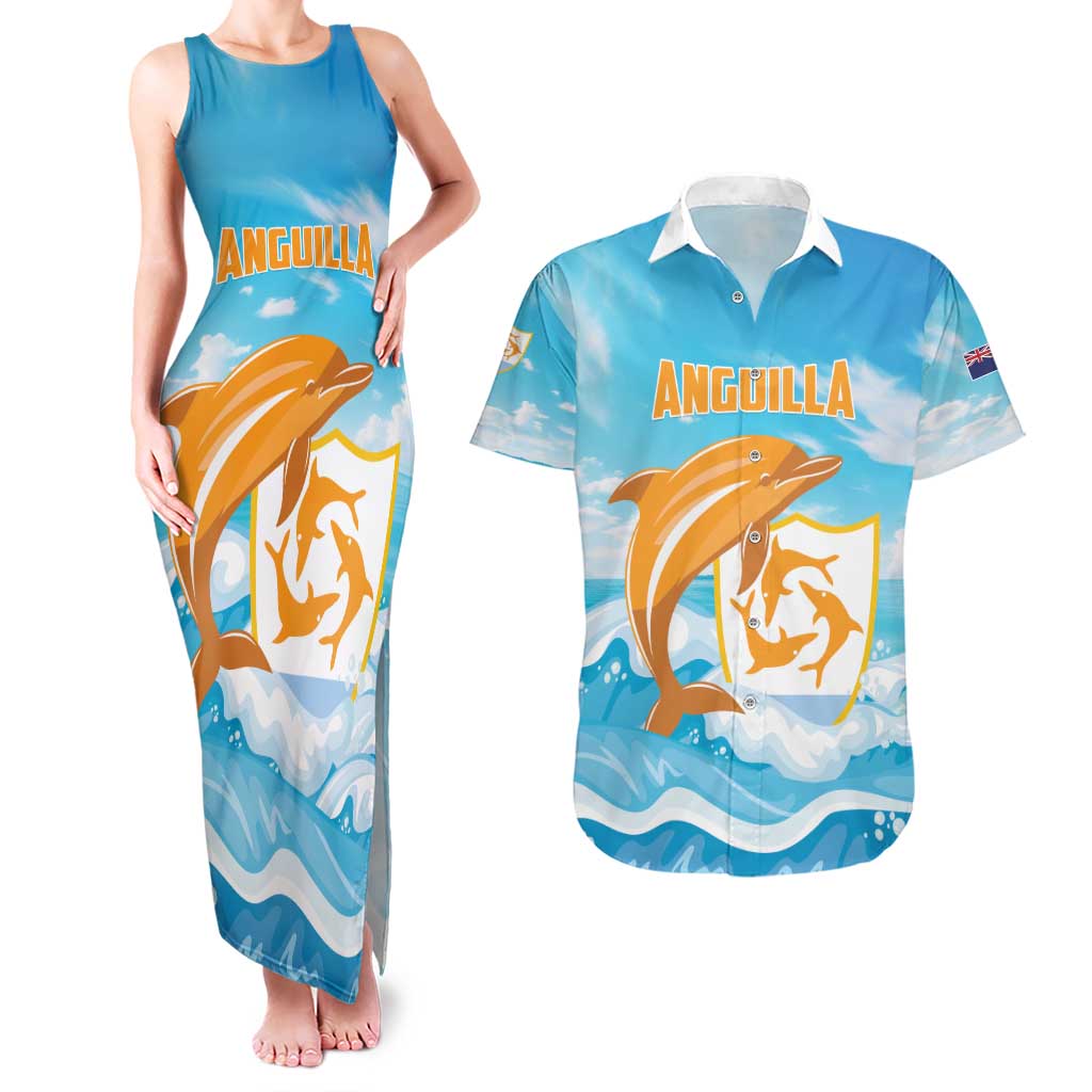 Personalized Anguilla Couples Matching Tank Maxi Dress and Hawaiian Shirt Three Orange Gold Natural Dolphins
