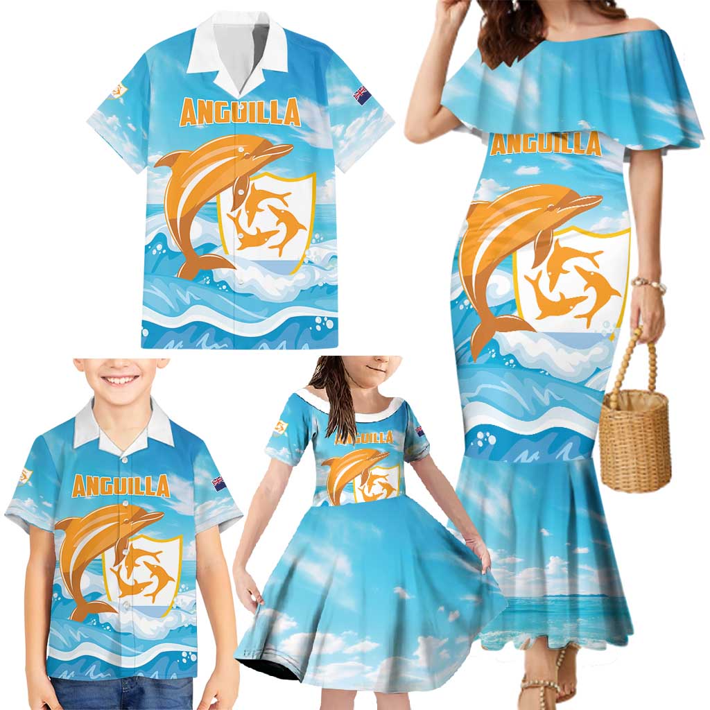 Personalized Anguilla Family Matching Mermaid Dress and Hawaiian Shirt Three Orange Gold Natural Dolphins - Wonder Print Shop