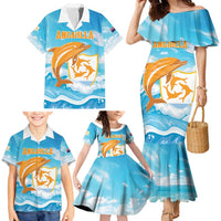 Personalized Anguilla Family Matching Mermaid Dress and Hawaiian Shirt Three Orange Gold Natural Dolphins - Wonder Print Shop