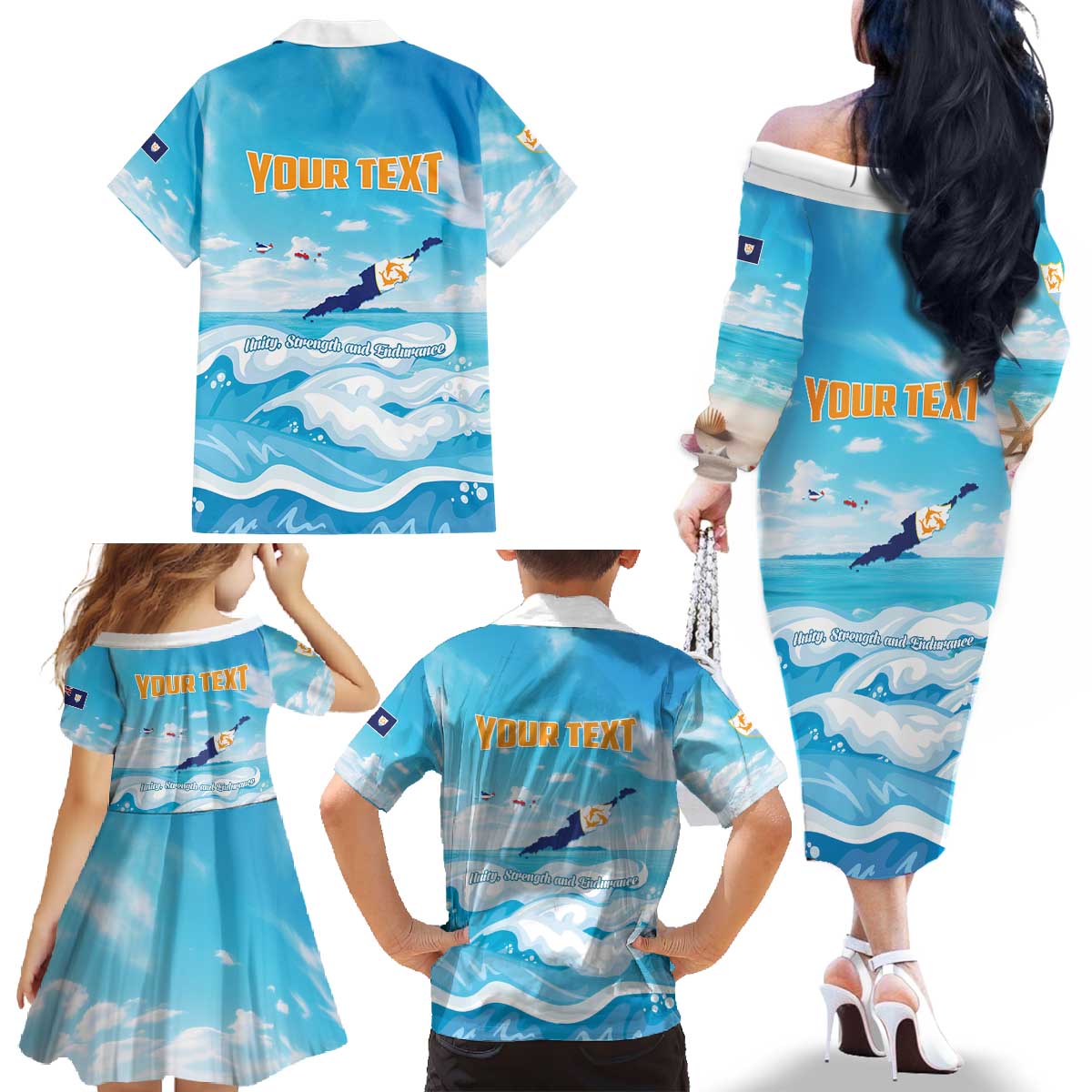 Personalized Anguilla Family Matching Off The Shoulder Long Sleeve Dress and Hawaiian Shirt Three Orange Gold Natural Dolphins