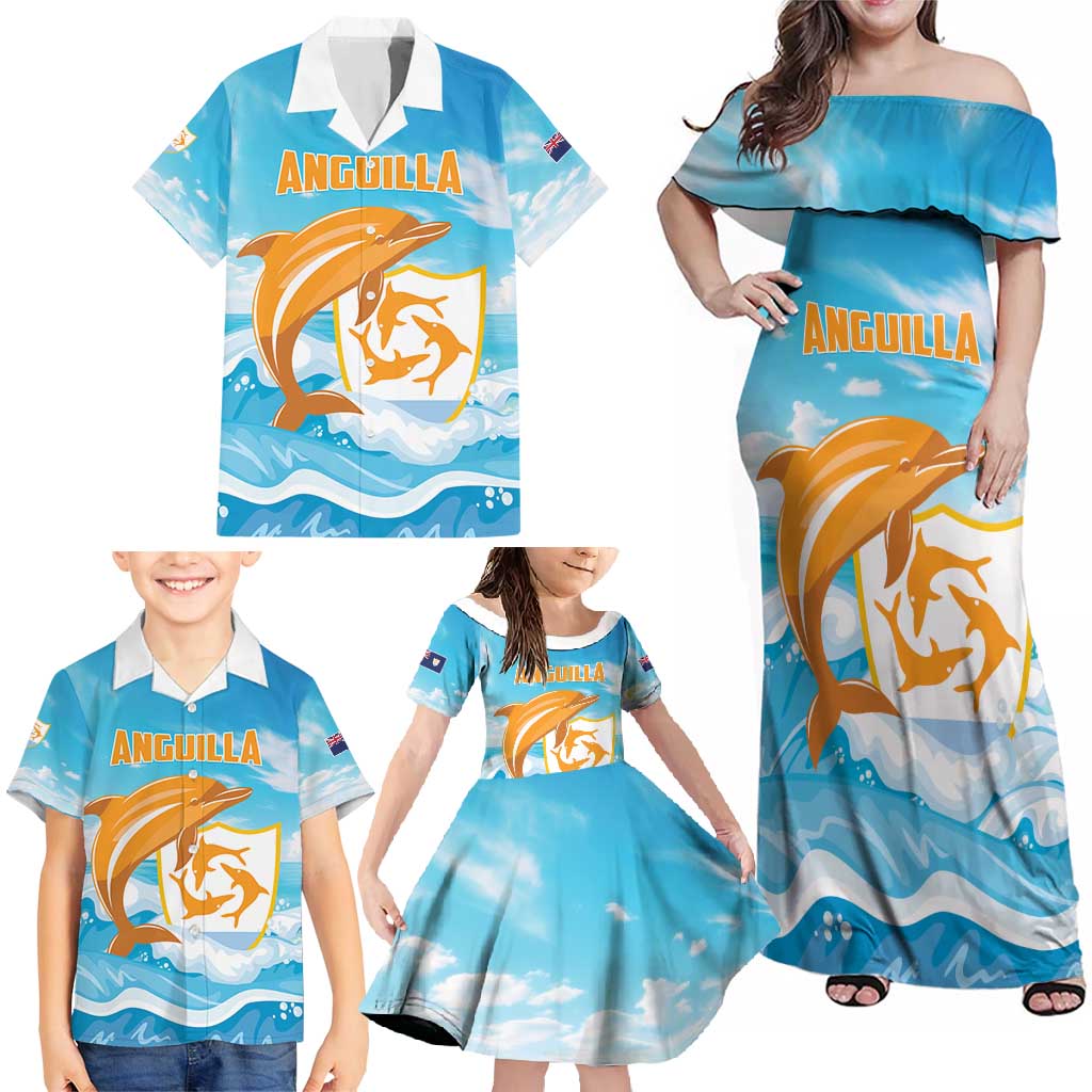 Personalized Anguilla Family Matching Off Shoulder Maxi Dress and Hawaiian Shirt Three Orange Gold Natural Dolphins - Wonder Print Shop