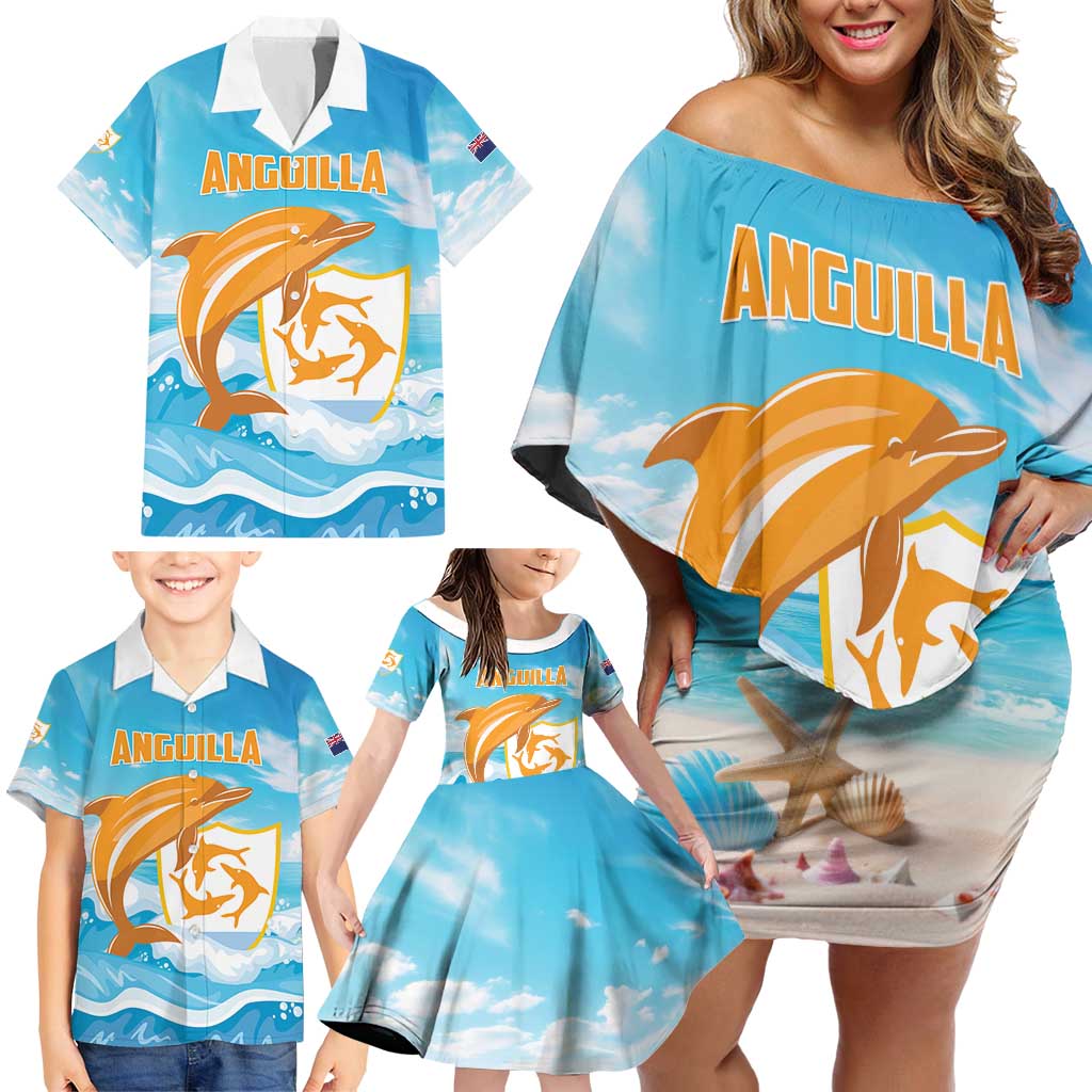 Personalized Anguilla Family Matching Off Shoulder Short Dress and Hawaiian Shirt Three Orange Gold Natural Dolphins - Wonder Print Shop