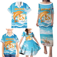 Personalized Anguilla Family Matching Puletasi and Hawaiian Shirt Three Orange Gold Natural Dolphins