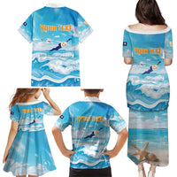 Personalized Anguilla Family Matching Puletasi and Hawaiian Shirt Three Orange Gold Natural Dolphins