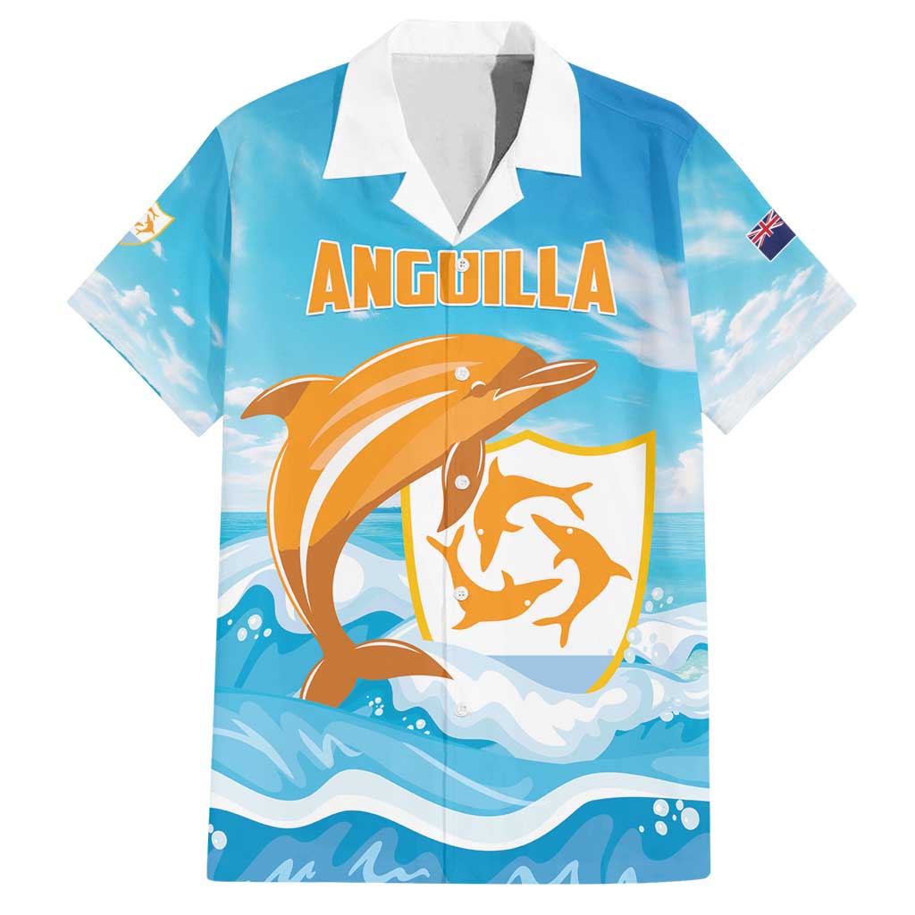 Personalized Anguilla Family Matching Puletasi and Hawaiian Shirt Three Orange Gold Natural Dolphins
