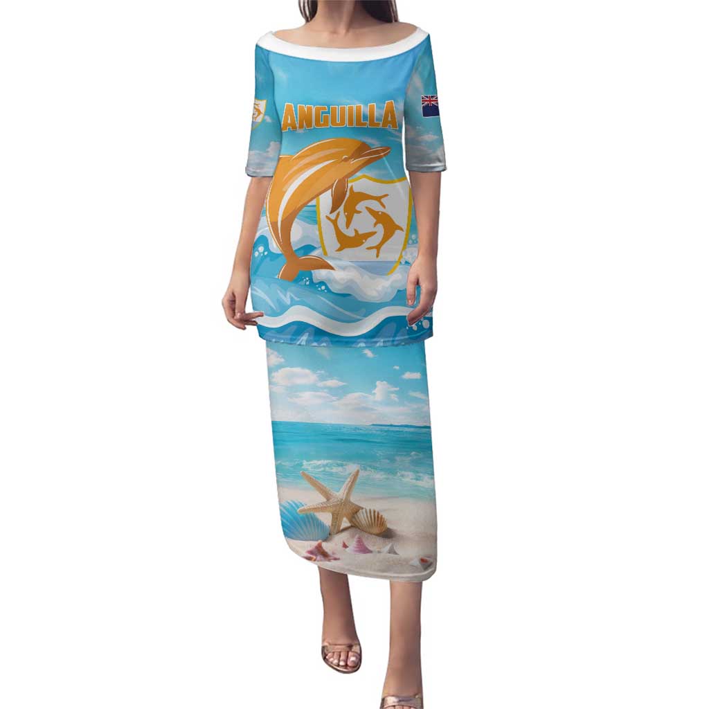 Personalized Anguilla Family Matching Puletasi and Hawaiian Shirt Three Orange Gold Natural Dolphins