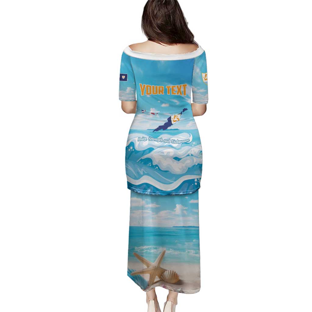 Personalized Anguilla Family Matching Puletasi and Hawaiian Shirt Three Orange Gold Natural Dolphins