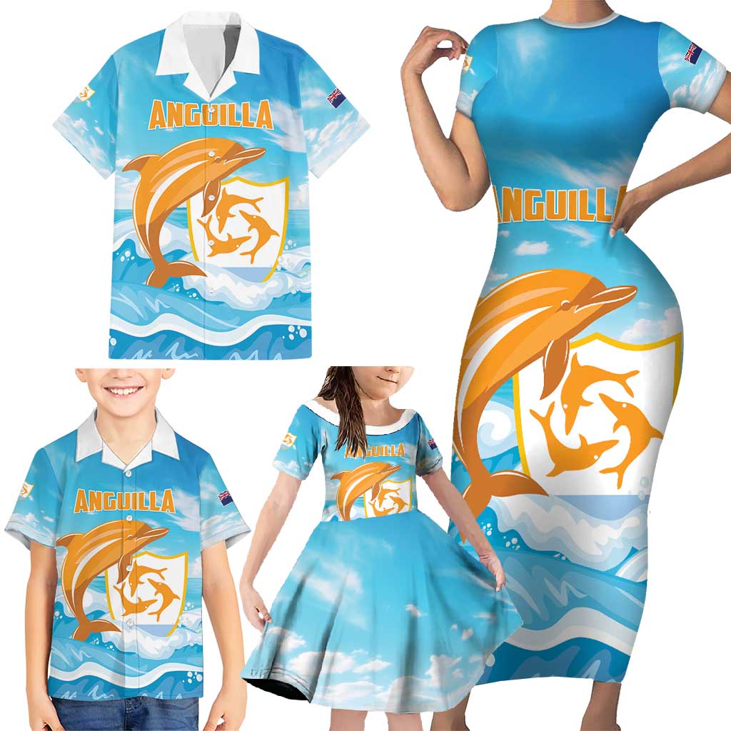 Personalized Anguilla Family Matching Short Sleeve Bodycon Dress and Hawaiian Shirt Three Orange Gold Natural Dolphins - Wonder Print Shop