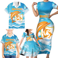 Personalized Anguilla Family Matching Short Sleeve Bodycon Dress and Hawaiian Shirt Three Orange Gold Natural Dolphins - Wonder Print Shop