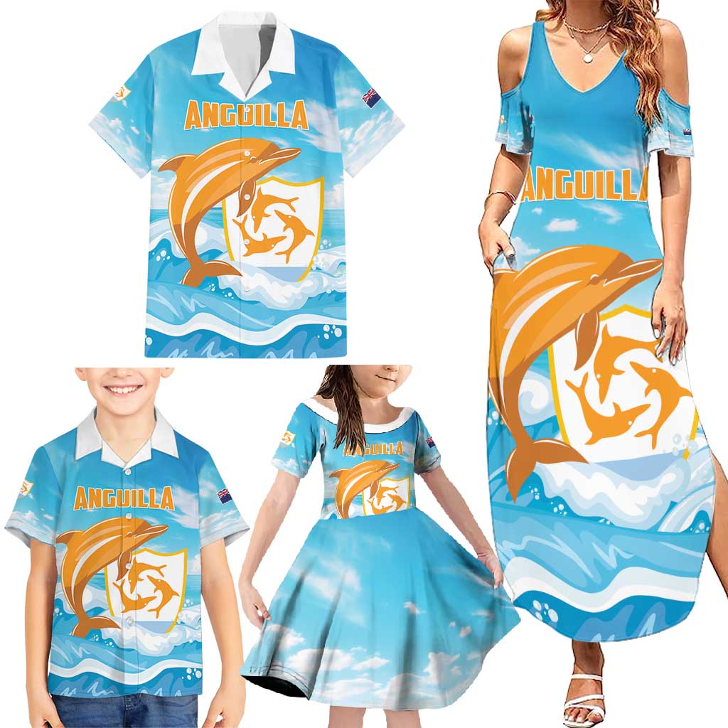 Personalized Anguilla Family Matching Summer Maxi Dress and Hawaiian Shirt Three Orange Gold Natural Dolphins - Wonder Print Shop