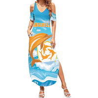 Personalized Anguilla Family Matching Summer Maxi Dress and Hawaiian Shirt Three Orange Gold Natural Dolphins - Wonder Print Shop