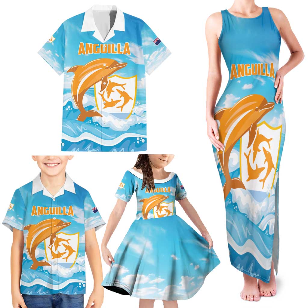 Personalized Anguilla Family Matching Tank Maxi Dress and Hawaiian Shirt Three Orange Gold Natural Dolphins - Wonder Print Shop