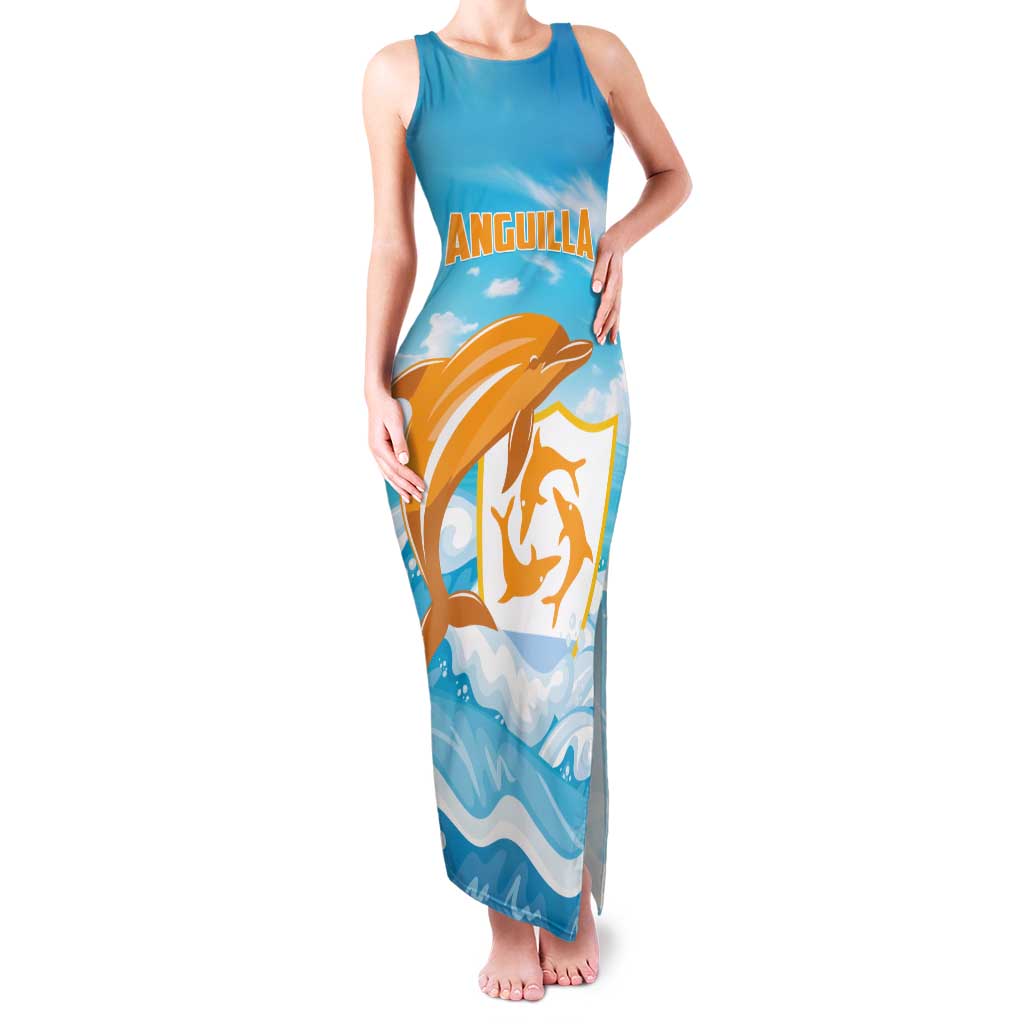 Personalized Anguilla Family Matching Tank Maxi Dress and Hawaiian Shirt Three Orange Gold Natural Dolphins - Wonder Print Shop