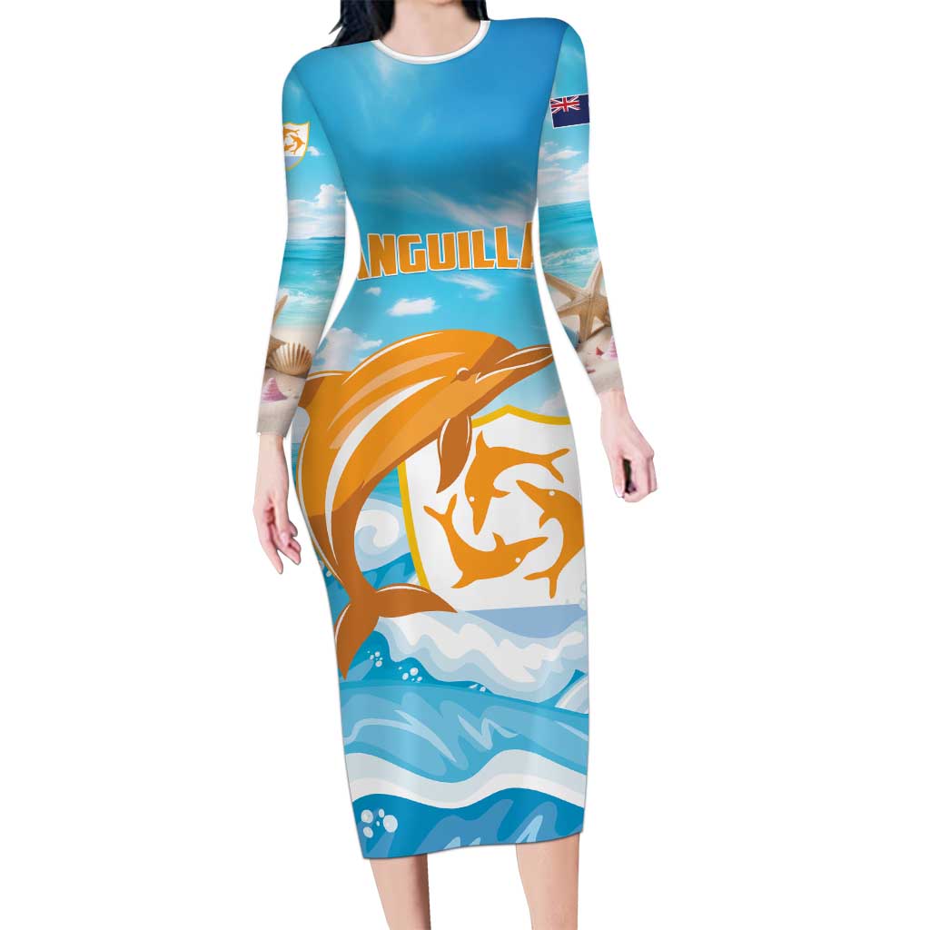 Personalized Anguilla Long Sleeve Bodycon Dress Three Orange Gold Natural Dolphins - Wonder Print Shop