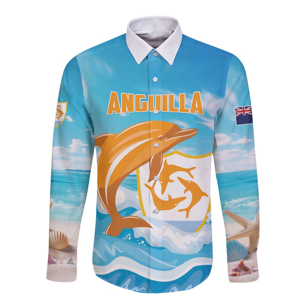 Personalized Anguilla Long Sleeve Button Shirt Three Orange Gold Natural Dolphins