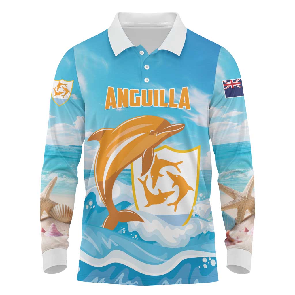 Personalized Anguilla Long Sleeve Polo Shirt Three Orange Gold Natural Dolphins - Wonder Print Shop