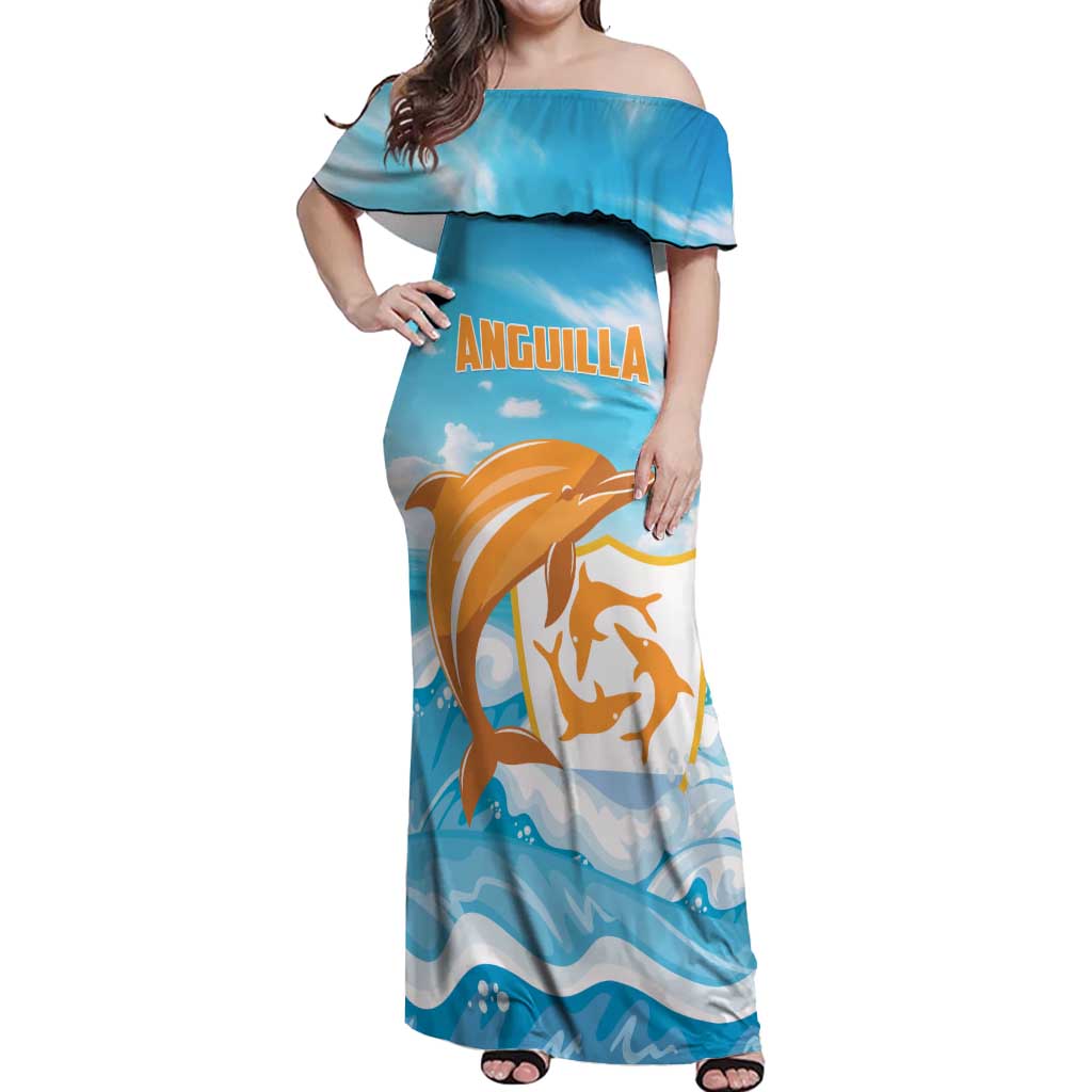Personalized Anguilla Off Shoulder Maxi Dress Three Orange Gold Natural Dolphins - Wonder Print Shop