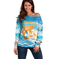 Personalized Anguilla Off Shoulder Sweater Three Orange Gold Natural Dolphins - Wonder Print Shop