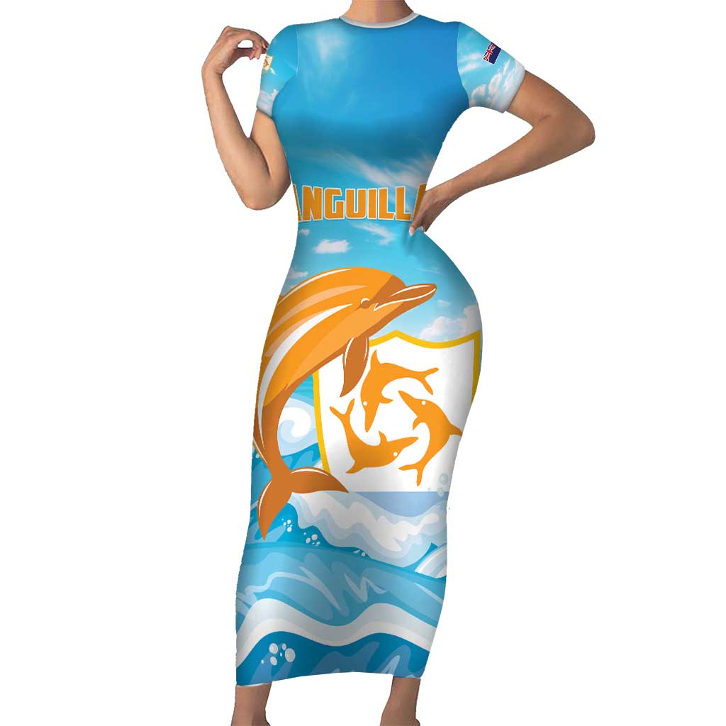 Personalized Anguilla Short Sleeve Bodycon Dress Three Orange Gold Natural Dolphins - Wonder Print Shop