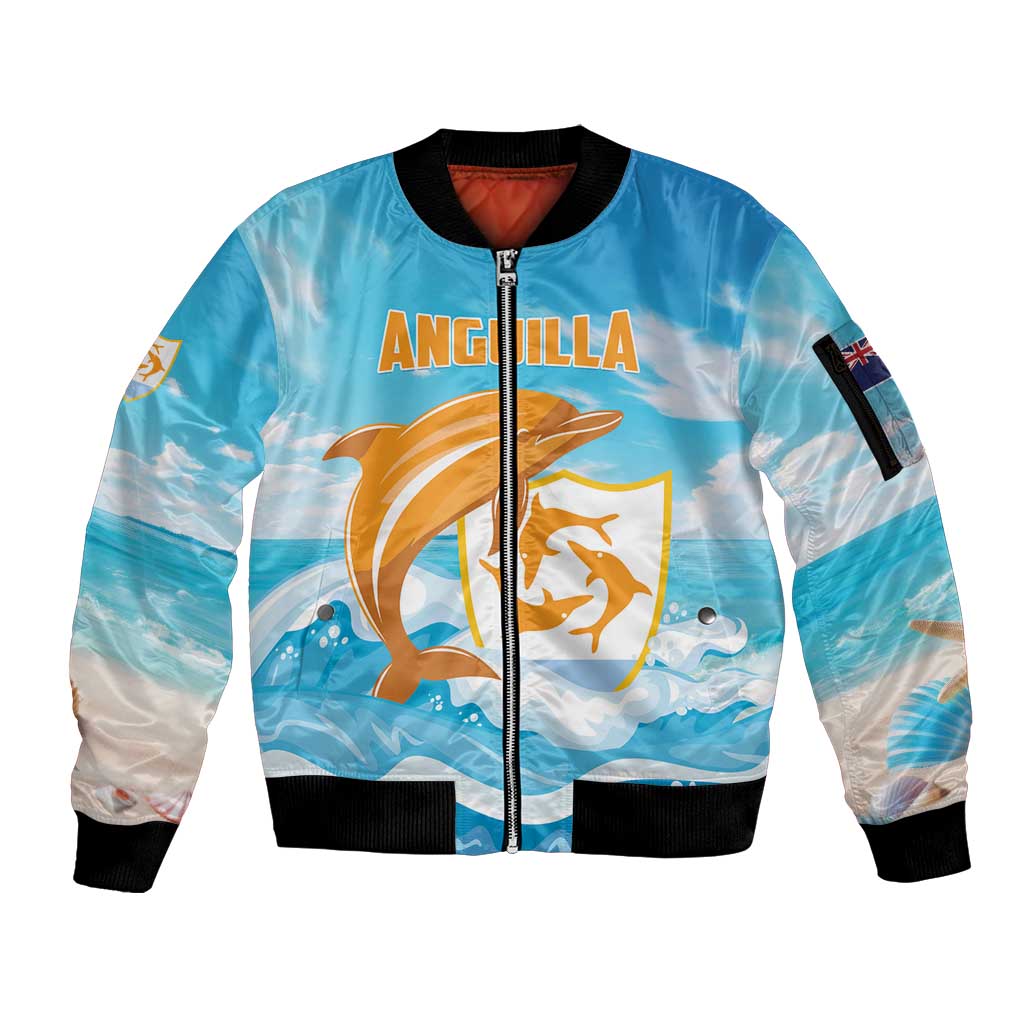 Personalized Anguilla Sleeve Zip Bomber Jacket Three Orange Gold Natural Dolphins - Wonder Print Shop