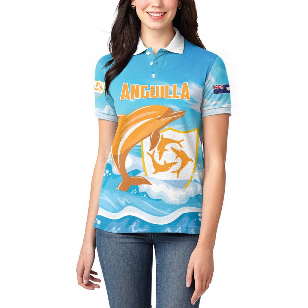 Personalized Anguilla Women Polo Shirt Three Orange Gold Natural Dolphins - Wonder Print Shop
