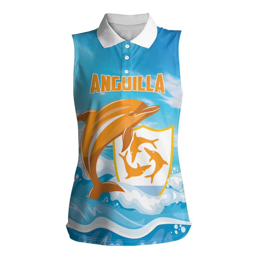 Personalized Anguilla Women Sleeveless Polo Shirt Three Orange Gold Natural Dolphins - Wonder Print Shop